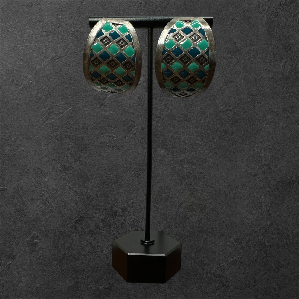 Unmarked Hoop Earrings Turquoise‎ Blue Checkered Enamel Silver Statement